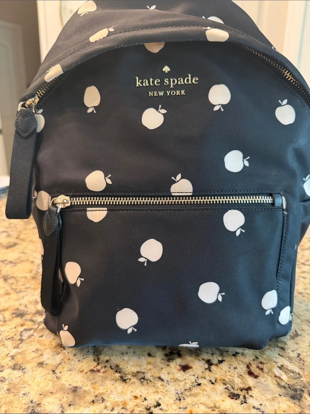 kate spade navy and cream apple print backpack with wristlet
